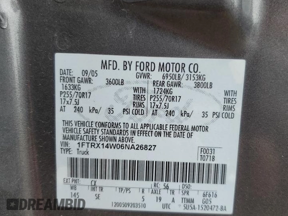 2006 Ford F-150 STX with VIN 1FTRX14W06NA26827, listed as a Copart auction lot 54940365 with 171,077 mi miles and Salvage title. Bid and sale history available at DreamBid. Image 12.