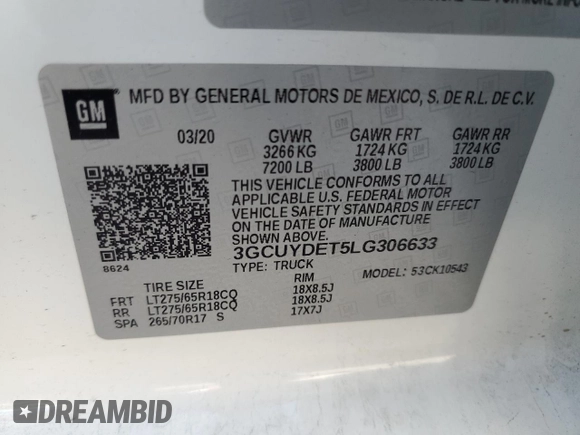 2020 Chevrolet Silverado 1500 LT with VIN 3GCUYDET5LG306633, listed as a Copart auction lot 51392175 with 116,686 mi miles and Salvage Title. Bid and sale history available at DreamBid. Image 14.