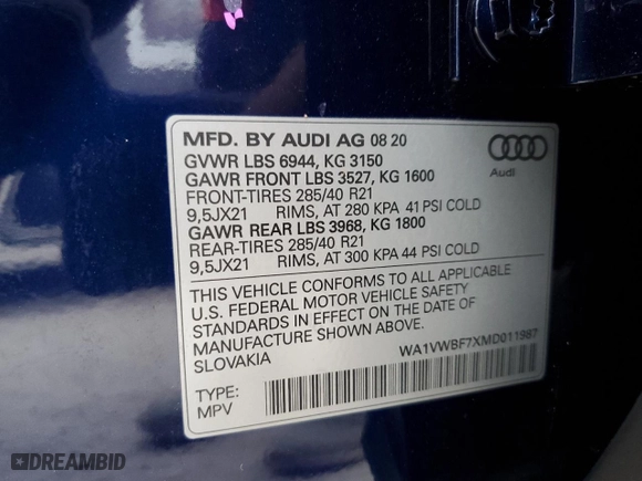 2021 Audi SQ7 Prestige with VIN WA1VWBF7XMD011987, listed as a Copart auction lot 74781474 with NaN miles and Non Repairable. Bid and sale history available at carsss.com. Image 13.