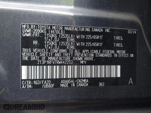 2024 Toyota RAV4 XLE with VIN 2T3P1RFV7RW442253, listed as a IAAI auction lot 41836085 with 31,378 mi miles and . Bid and sale history available at DreamBid. Image 9.