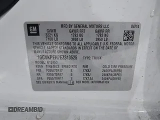 2014 Chevrolet Silverado 1500 Work Truck with VIN 1GCVKPEH7EZ313525, listed as a IAAI auction lot 41825247 with 227,392 mi miles and . Bid and sale history available at DreamBid. Image 9.