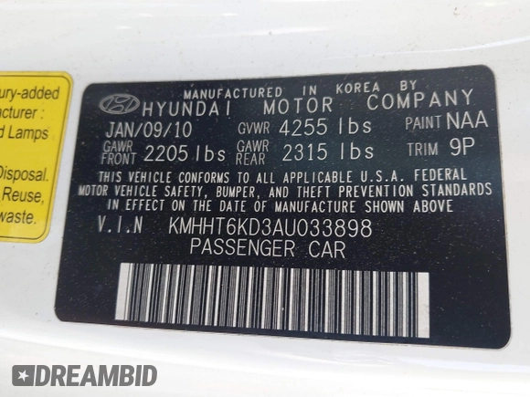 2010 Hyundai Genesis Coupe with VIN KMHHT6KD3AU033898, listed as a IAAI auction lot 42539696 with 209,175 mi miles and . Bid and sale history available at DreamBid. Image 9.