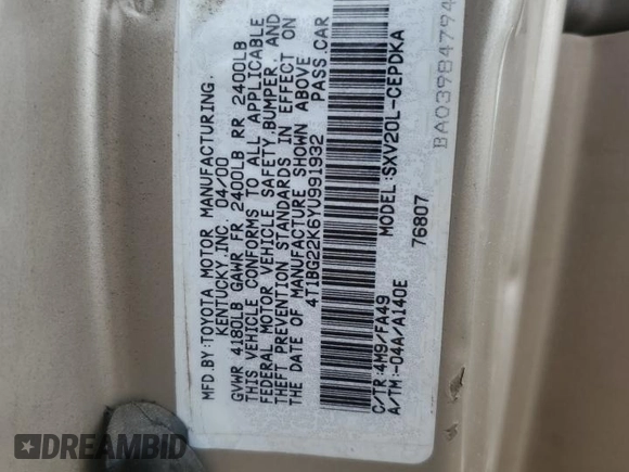 2000 Toyota Camry CE z VIN 4T1BG22K6YU991932, wystawiony jako Copart lot #55588155 z przebiegiem 188 363 mil mil oraz Szkoda całkowita • Salvage title. Historia ofert i sprzedaży dostępna na DreamBid. Obrazek 12.