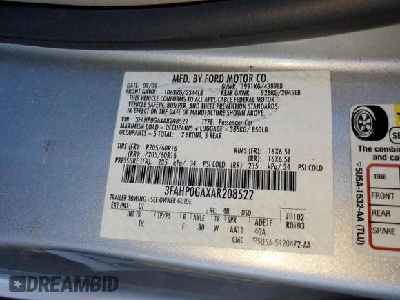 2010 Ford Fusion S with VIN 3FAHP0GAXAR208522, listed as a Copart auction lot 49923015 with 69,566 mi miles and Clean Title. Bid and sale history available at carsss.com. Image 12.