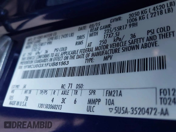 2015 Ford Escape SE with VIN 1FMCU0GX1FUB81563, listed as a IAAI auction lot 41564612 with 120,582 mi miles and . Bid and sale history available at DreamBid. Image 9.