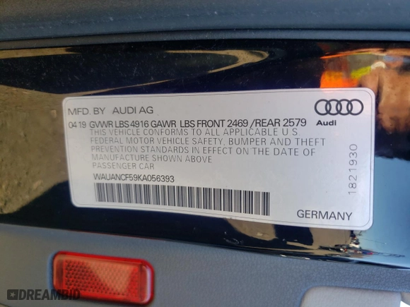2019 Audi A5 Sportback Premium with VIN WAUANCF59KA056393, listed as a Copart auction lot 79187034 with NaN miles and Salvage Title. Bid and sale history available at carsss.com. Image 12.