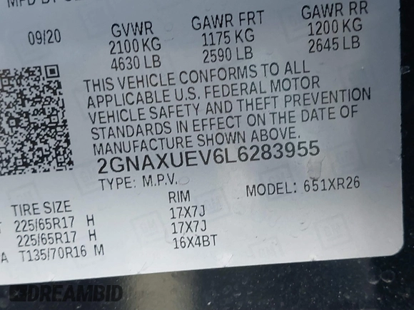 2020 Chevrolet Equinox LT with VIN 2GNAXUEV6L6283955, listed as a IAAI auction lot 41748148 with 145,242 mi miles. Bid and sale history available at carsss.com. Image 9.
