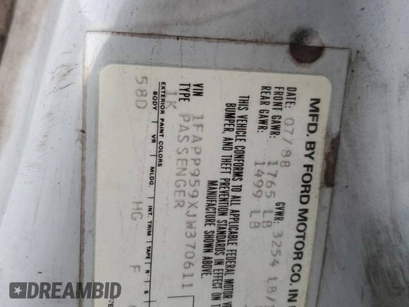 1988 Ford Escort z VIN 1FAPP959XJW370611, wystawiony jako Copart lot #86715994 z przebiegiem 3424 mil mil oraz Tytuł czysty. Historia ofert i sprzedaży dostępna na DreamBid. Obrazek 12.