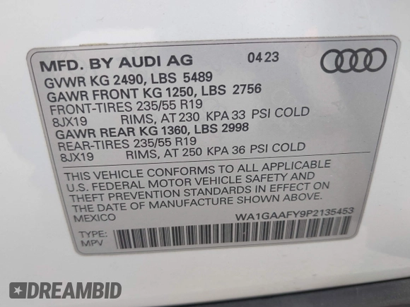 2023 Audi Q5 S line Premium with VIN WA1GAAFY9P2135453, listed as a IAAI auction lot 42030044 with 27,690 mi miles and . Bid and sale history available at DreamBid. Image 9.