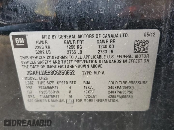 2012 GMC Terrain SLT-1 with VIN 2GKFLUE58C6350652, listed as a Copart auction lot 58159945 with Not provided miles and Salvage title. Bid and sale history available at DreamBid. Image 13.