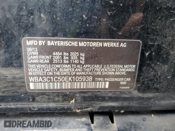 2014 BMW 3 Series 328i with VIN WBA3C1C50EK105938, listed as a Copart auction lot 57499235 with 147,083 mi miles and Salvage title. Bid and sale history available at DreamBid. Image 12.