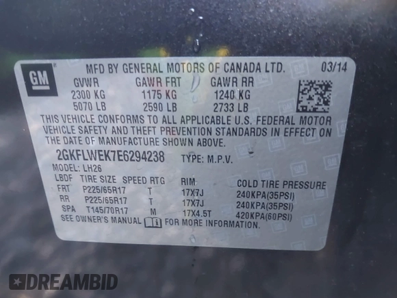 2014 GMC Terrain SLE with VIN 2GKFLWEK7E6294238, listed as a IAAI auction lot 41709813 with 120,354 mi miles. Bid and sale history available at carsss.com. Image 9.