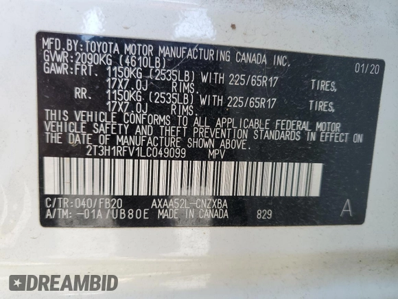 2020 Toyota RAV4 LE with VIN 2T3H1RFV1LC049099, listed as a Copart auction lot 48120255 with 39,760 mi miles and Salvage Title. Bid and sale history available at carsss.com. Image 14.