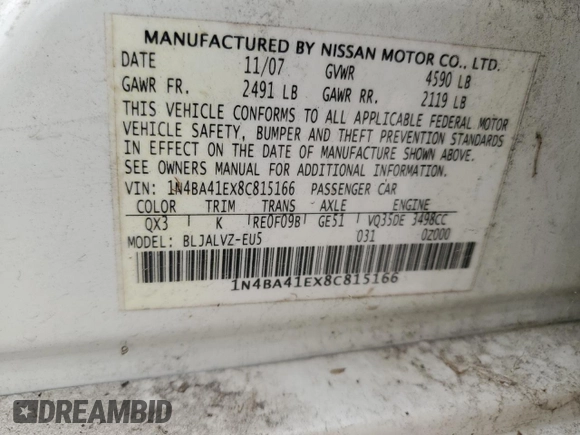 2008 Nissan Maxima 3.5 SE with VIN 1N4BA41EX8C815166, listed as a Copart auction lot 50884855 with 162,292 mi miles and Clean Title. Bid and sale history available at carsss.com. Image 12.