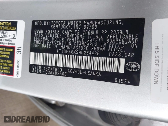 2009 Toyota Camry with VIN 4T1BE46K99U264426, listed as a IAAI auction lot 41428692 with 141,271 mi miles. Bid and sale history available at carsss.com. Image 9.