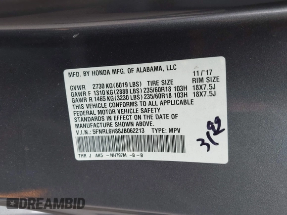 2018 Honda Odyssey Touring with VIN 5FNRL6H88JB062213, listed as a IAAI auction lot 42489379 with 90,578 mi miles and . Bid and sale history available at DreamBid. Image 9.