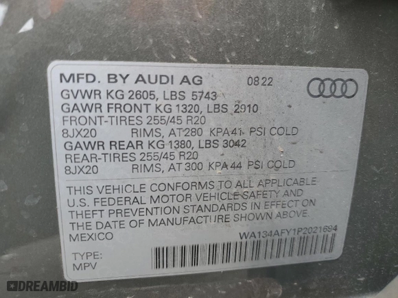 2023 Audi SQ5 Sportback Prestige with VIN WA134AFY1P2021694, listed as a Copart auction lot 57424484 with NaN miles and Salvage Title. Bid and sale history available at carsss.com. Image 16.