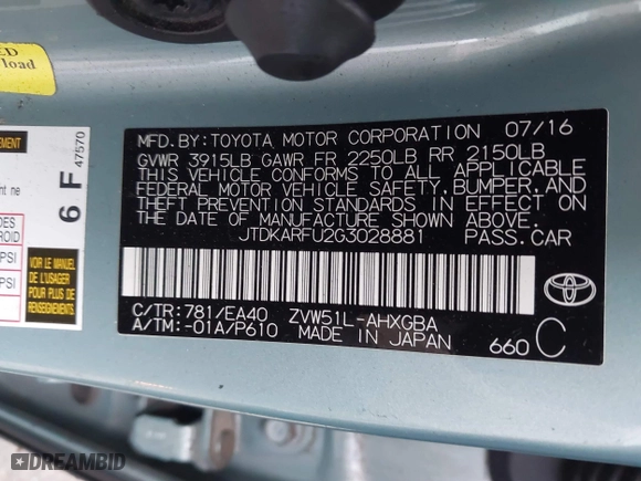 2016 Toyota Prius Four with VIN JTDKARFU2G3028881, listed as a IAAI auction lot 41391646 with 147,335 mi miles. Bid and sale history available at carsss.com. Image 9.