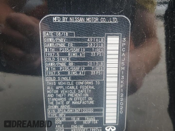 2019 Infiniti QX50 Essential z VIN 3PCAJ5M13KF122020, wystawiony jako Copart lot #57362995 z przebiegiem 106 361 mil mil oraz Szkoda całkowita • Salvage title. Historia ofert i sprzedaży dostępna na DreamBid. Obrazek 13.