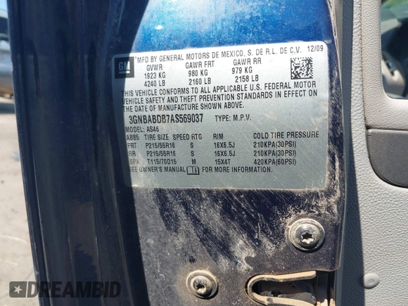 2010 Chevrolet HHR 1LT с VIN 3GNBABDB7AS569037, выставлен на аукционе IAAI как лот 42606165 с пробегом 119 588 миль миль и . История ставок и продаж доступна на DreamBid. Изображение 9.