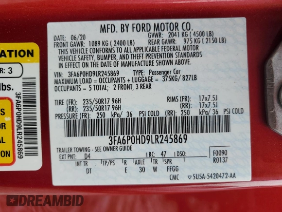 2020 Ford Fusion SE with VIN 3FA6P0HD9LR245869, listed as a Copart auction lot 57998575 with 80,458 mi miles and Salvage title. Bid and sale history available at DreamBid. Image 13.