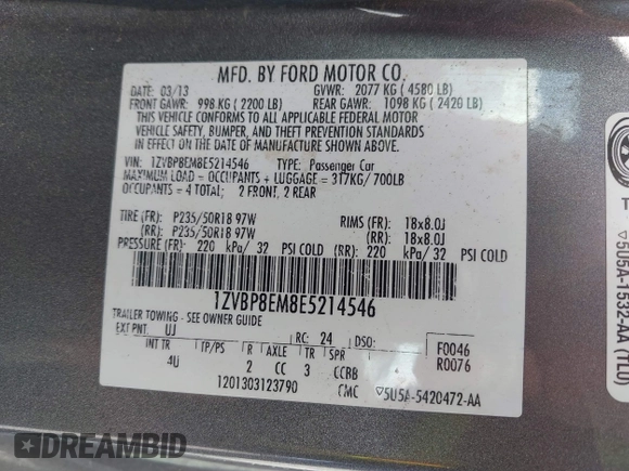 2014 Ford Mustang V6 with VIN 1ZVBP8EM8E5214546, listed as a IAAI auction lot 42773010 with 132,666 mi miles and . Bid and sale history available at DreamBid. Image 9.