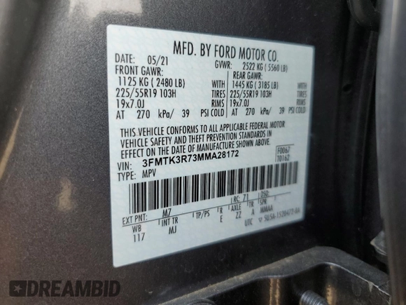 2021 Ford Mustang Mach-E Premium z VIN 3FMTK3R73MMA28172, wystawiony jako Copart lot #41907515 z przebiegiem 12 518 mil mil oraz Szkoda całkowita • Salvage title. Historia ofert i sprzedaży dostępna na DreamBid. Obrazek 16.