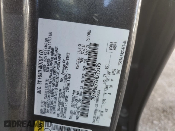 2015 Ford Fusion SE with VIN 3FA6P0H7XFR225595, listed as a Copart auction lot 54708065 with 181,917 mi miles and Clean Title. Bid and sale history available at carsss.com. Image 13.