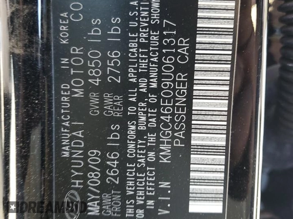 2009 Hyundai Genesis with VIN KMHGC46E09U061317, listed as a Copart auction lot 51683015 with 89,749 mi miles and Non Repairable. Bid and sale history available at DreamBid. Image 12.