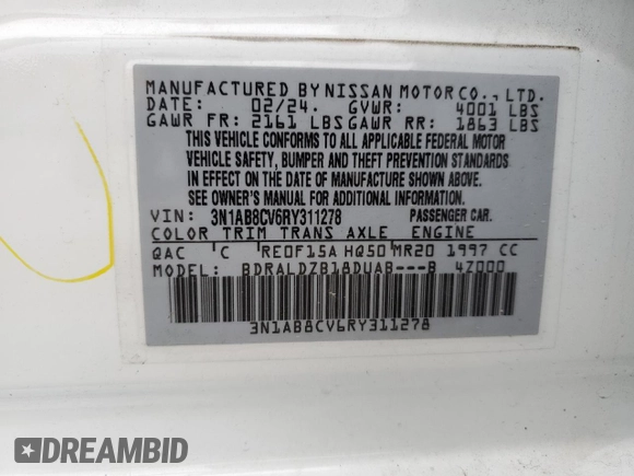2024 Nissan Sentra SV z VIN 3N1AB8CV6RY311278, wystawiony jako Copart lot #55789685 z przebiegiem 13 029 mil mil oraz Szkoda całkowita • Salvage title. Historia ofert i sprzedaży dostępna na DreamBid. Obrazek 12.