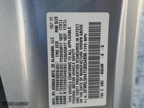 2012 Honda Odyssey EX with VIN 5FNRL5H47CB034896, listed as a Copart auction lot 46398095 with 117,275 mi miles and Salvage Title. Bid and sale history available at carsss.com. Image 13.