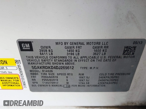 2013 Buick Enclave Premium with VIN 5GAKRDKD4DJ269612, listed as a IAAI auction lot 41647693 with 230,984 mi miles and . Bid and sale history available at DreamBid. Image 9.