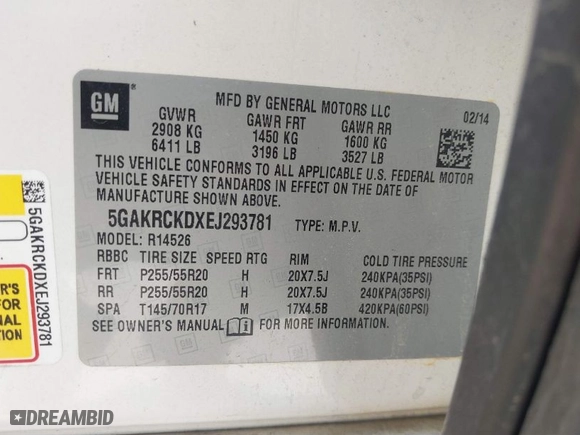 2014 Buick Enclave Premium with VIN 5GAKRCKDXEJ293781, listed as a IAAI auction lot 41678081 with 115450 miles. Bid and sale history available at carsss.com. Image 9.
