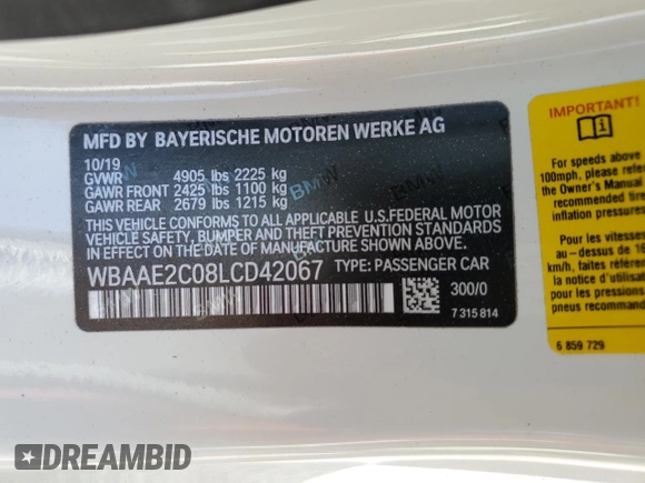 2020 BMW 8 Series 840i with VIN WBAAE2C08LCD42067, listed as a Copart auction lot 71272633 with 30,836 mi miles and Salvage Title. Bid and sale history available at carsss.com. Image 12.