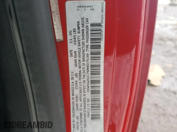 2006 Volkswagen Beetle with VIN 3VWSG31C76M407539, listed as a Copart auction lot 46348895 with 115,038 mi miles and Salvage Title. Bid and sale history available at DreamBid. Image 12.
