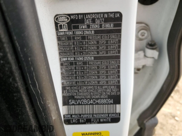 2012 Land Rover Range Rover Evoque Prestige Premium with VIN SALVV2BG4CH688094, listed as a Copart auction lot 47793835 with 103,163 mi miles and Salvage title. Bid and sale history available at DreamBid. Image 14.