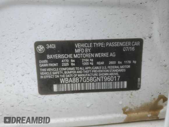 2016 BMW 3 Series 340i xDrive with VIN WBA8B7G58GNT96017, listed as a Copart auction lot 45542255 with 38,542 mi miles and Salvage title. Bid and sale history available at DreamBid. Image 15.