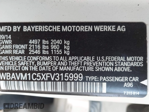 2015 BMW X1 sDrive28i z VIN WBAVM1C5XFV315999, wystawiony jako IAAI lot #42326240 z przebiegiem 120 961 mil mil oraz . Historia ofert i sprzedaży dostępna na DreamBid. Obrazek 9.