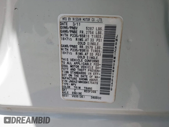 2011 Nissan Murano SL z VIN JN8AZ1MW0BW175478, wystawiony jako IAAI lot #42035369 z przebiegiem 138 953 mil mil oraz . Historia ofert i sprzedaży dostępna na DreamBid. Obrazek 9.