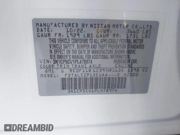 2023 Nissan Kicks SV with VIN 3N1CP5CV1PL478974, listed as a IAAI auction lot 42480254 with 5,247 mi miles and . Bid and sale history available at DreamBid. Image 9.