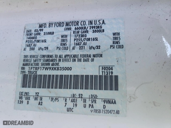 1999 Ford F-150 Work Series with VIN 1FTRF17W9XKB35000, listed as a Copart auction lot 86001964 with 155,055 mi miles and Salvage Title. Bid and sale history available at carsss.com. Image 12.