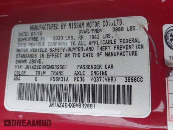 2016 Nissan 370Z z VIN JN1AZ4EHXGM932681, wystawiony jako IAAI lot #42350850 z przebiegiem 94 586 mil mil oraz . Historia ofert i sprzedaży dostępna na DreamBid. Obrazek 9.
