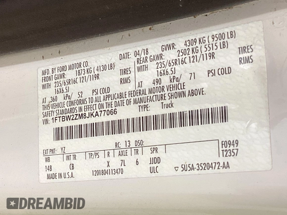 2018 Ford Transit with VIN 1FTBW2ZM8JKA77066, listed as a IAAI auction lot 42642396 with 215,234 mi miles and . Bid and sale history available at DreamBid. Image 3.
