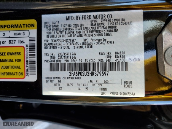 2017 Ford Fusion Energi Titanium with VIN 3FA6P0SU3HR379597, listed as a Copart auction lot 44041365 with 120,526 mi miles and Clean Title. Bid and sale history available at carsss.com. Image 12.