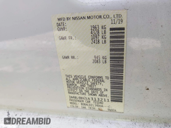 2020 Nissan Altima 2.5 S with VIN 1N4BL4BV2LN313211, listed as a IAAI auction lot 41468768 with 160,940 mi miles. Bid and sale history available at carsss.com. Image 9.