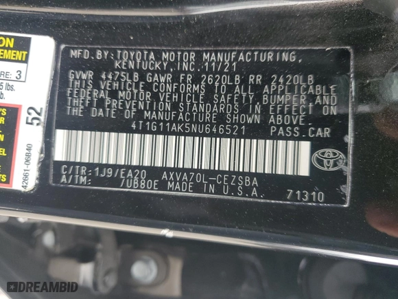 2022 Toyota Camry SE with VIN 4T1G11AK5NU646521, listed as a Copart auction lot 43966145 with 62,882 mi miles and Clean Title. Bid and sale history available at carsss.com. Image 12.