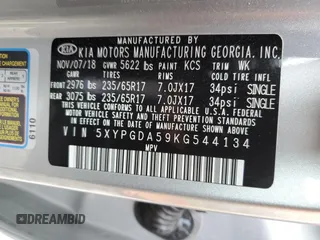 2019 Kia Sorento LX with VIN 5XYPGDA59KG544134, listed as a Copart auction lot 50626655 with 84,357 mi miles and Salvage Title. Bid and sale history available at DreamBid. Image 15.