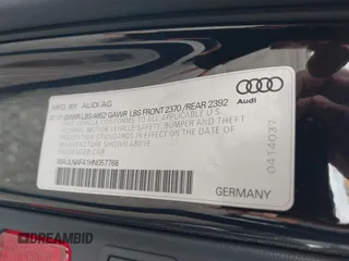2017 Audi A4 Premium Plus with VIN WAULNAF41HN057768, listed as a IAAI auction lot 41483770 with 81,049 mi miles. Bid and sale history available at carsss.com. Image 9.