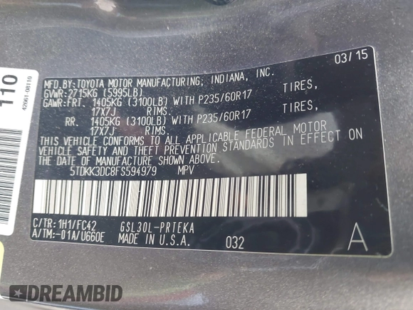 2015 Toyota Sienna LE AAS с VIN 5TDKK3DC8FS594979, выставлен на аукционе IAAI как лот 42137215 с пробегом 122 525 миль миль и . История ставок и продаж доступна на DreamBid. Изображение 9.