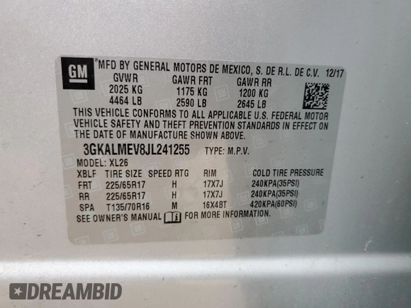 2018 GMC Terrain SLE with VIN 3GKALMEV8JL241255, listed as a Copart auction lot 51135005 with 116,170 mi miles and Salvage Title. Bid and sale history available at carsss.com. Image 13.